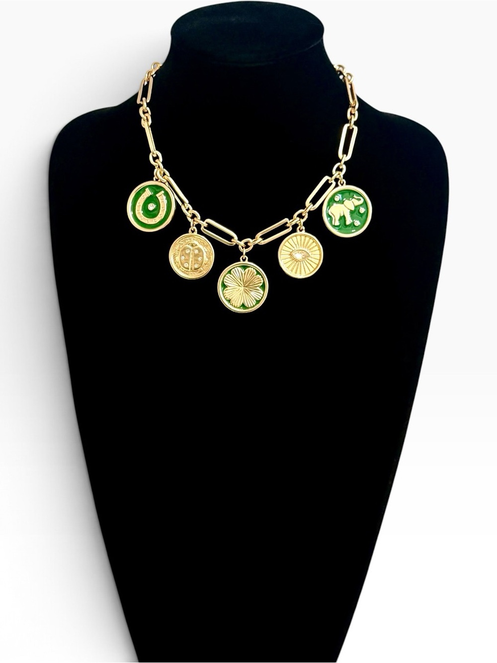 CHICO’S Reversible Green & Gold Tone Charm Necklace 18” NWT
